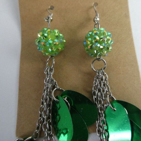 Silver Tone Green Rhinestone Tassel Dangle Chain Confetti Earrings Patrick's Day - Picture 2 of 6